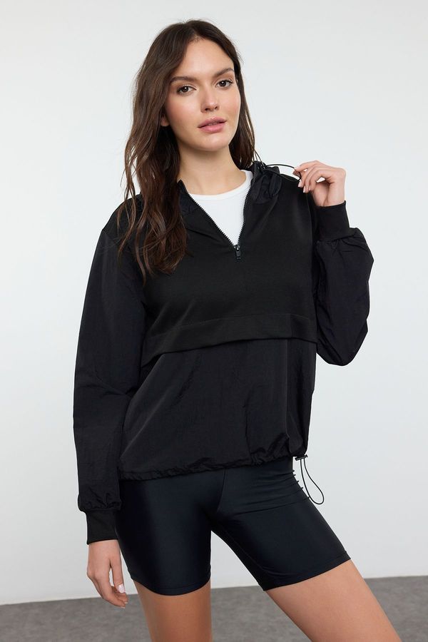 Trendyol Trendyol Black Parachute Garnish Zippered Eyelet Detailed Stoppered Knitted Sweatshirt