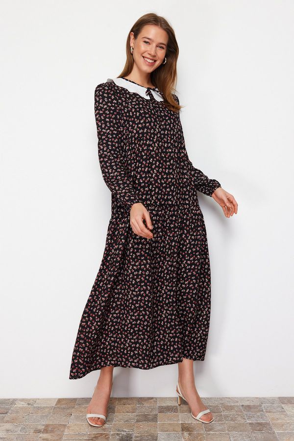 Trendyol Trendyol Black Patterned Scalloped Tie Collar Detailed Viscose Dress