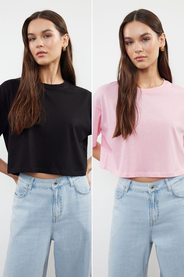 Trendyol Trendyol Black-Pink 2 Pack 100% Cotton Relax/Comfortable Cut Crop Knitted T-Shirt