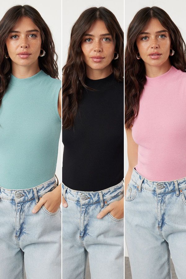 Trendyol Trendyol Black-Pink-Mint 3-Pack Fitted Flexible Knitted Blouse