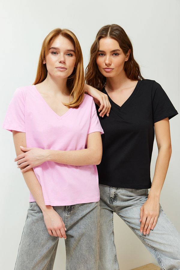 Trendyol Trendyol Black-Pink Pack 100% Cotton V-Neck Knitted T-Shirt
