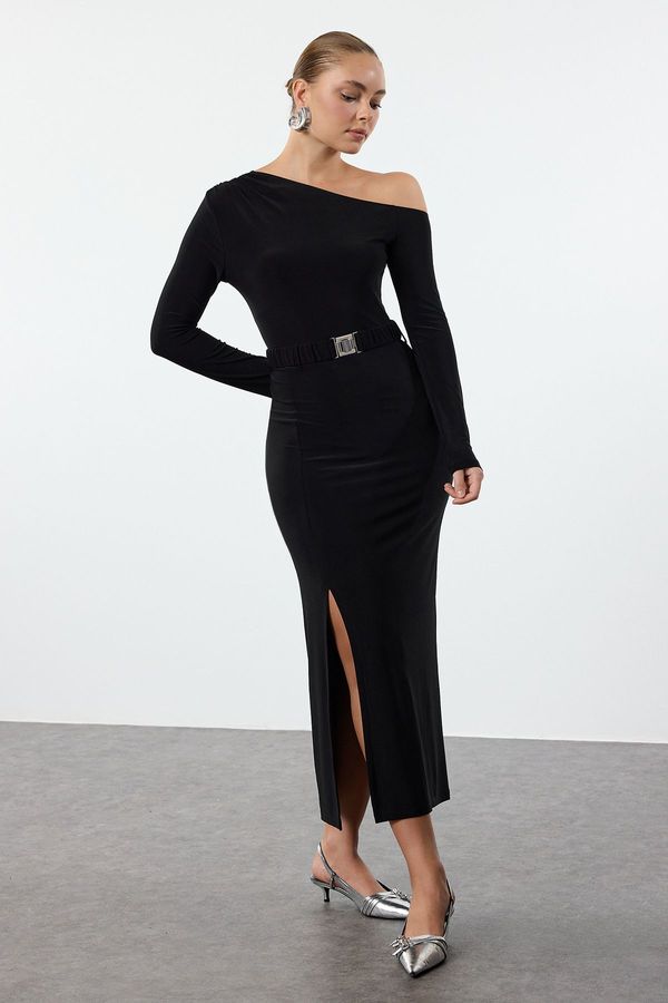Trendyol Trendyol Black Plain Belted Midi Belt Detailed Body-Fitting Flexible Maxi Knit Dress