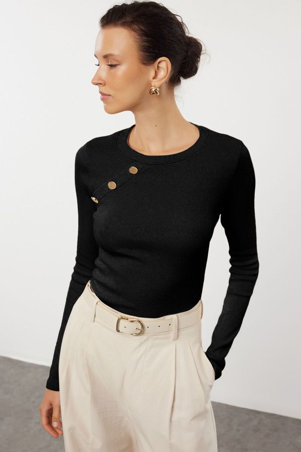 Trendyol Trendyol Black Plain Fitted/Body-Sitting Raglan Sleeve Snap Detail Stretchy Knitted Blouse