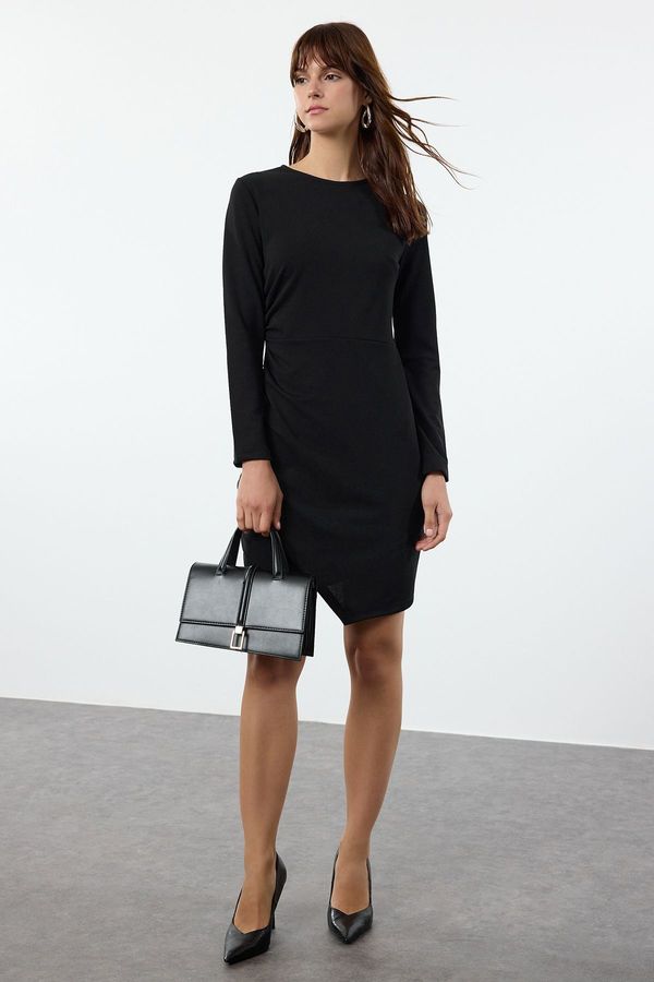 Trendyol Trendyol Black Plain Gathering/Drape Detailed Bodycone/Fitting Mini Stretch Knitted Dress