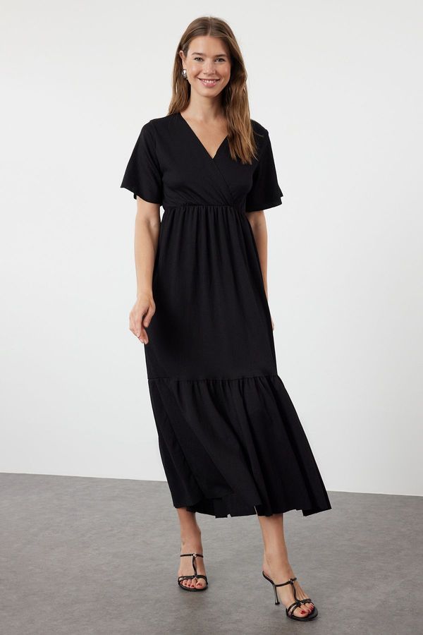 Trendyol Trendyol Black Plain Maxi Double Breasted Skirt Ruffle Textured Short Sleeve Flexible Knitted Maxi Dress Knit Dress