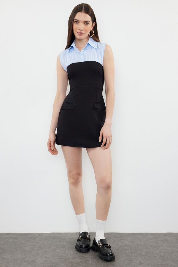 Trendyol Trendyol Black Plain Shirt Collar Detailed Mini Woven Dress