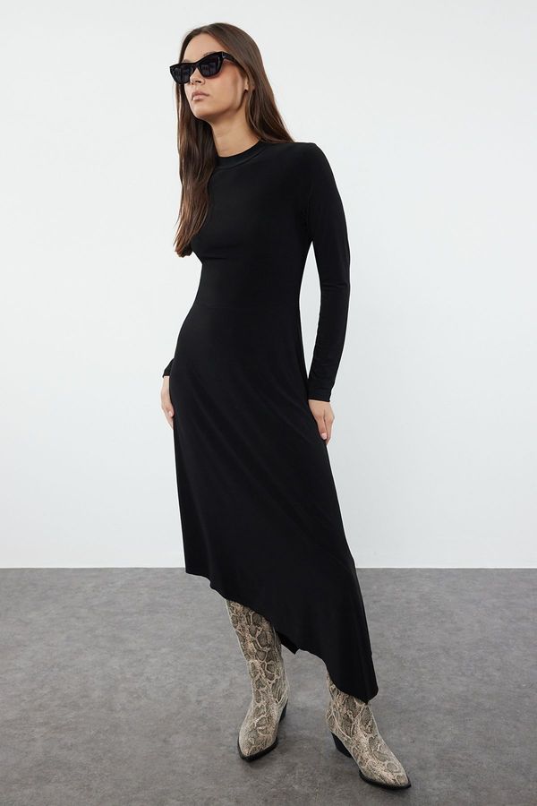 Trendyol Trendyol Black Plain Skater/Asymmetrical Flexible Knitted Dress