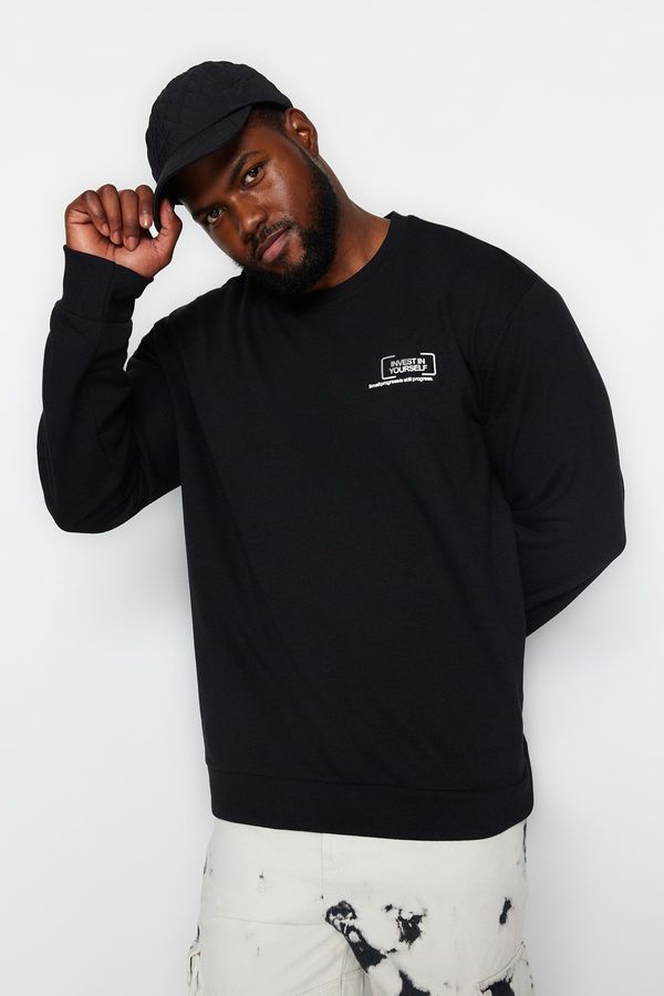 Trendyol Trendyol Black Plus Size Regular/Real Fit Minimal Printed Fleece Sweatshirt