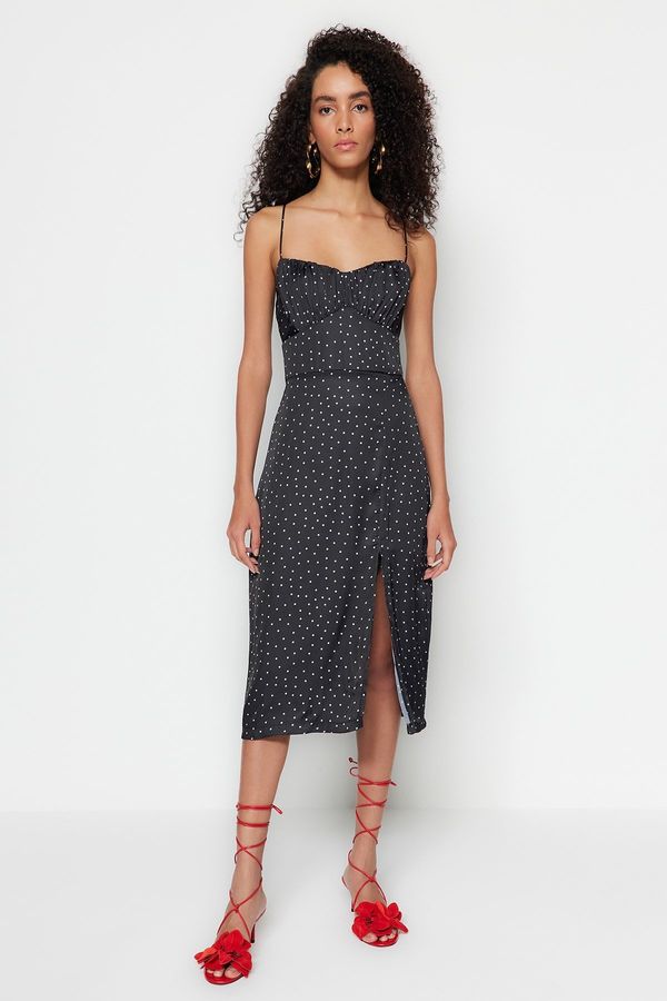 Trendyol Trendyol Black Polka Dot A-Cut Midi Strap Satin Woven Dress