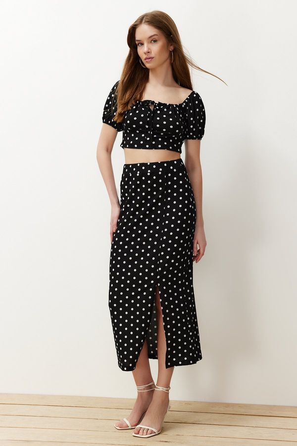 Trendyol Trendyol Black Polka Dot Carmen Collar Ribbed Flexible Knitted Two Piece Set