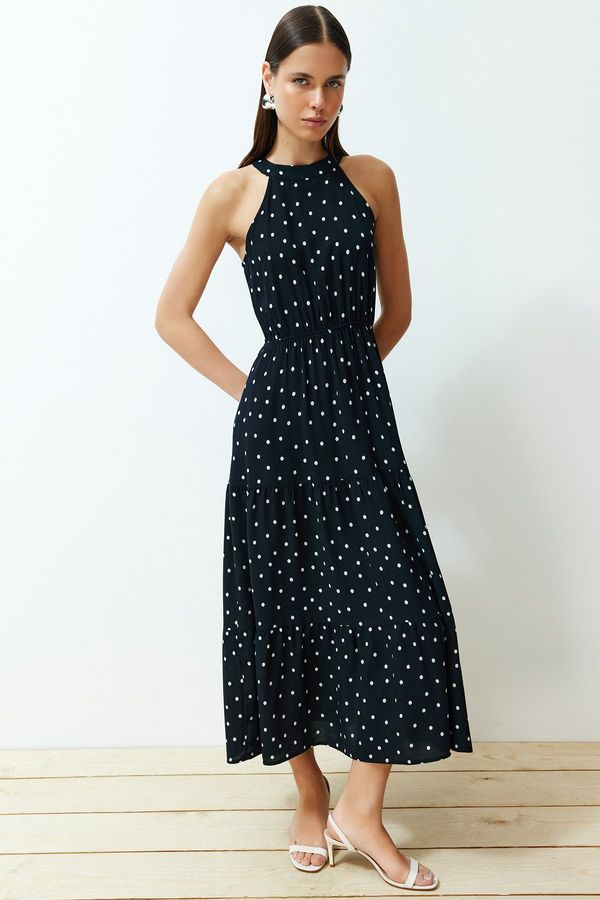 Trendyol Trendyol Black Polka Dot Waist Opening Viscose Midi Woven Dress