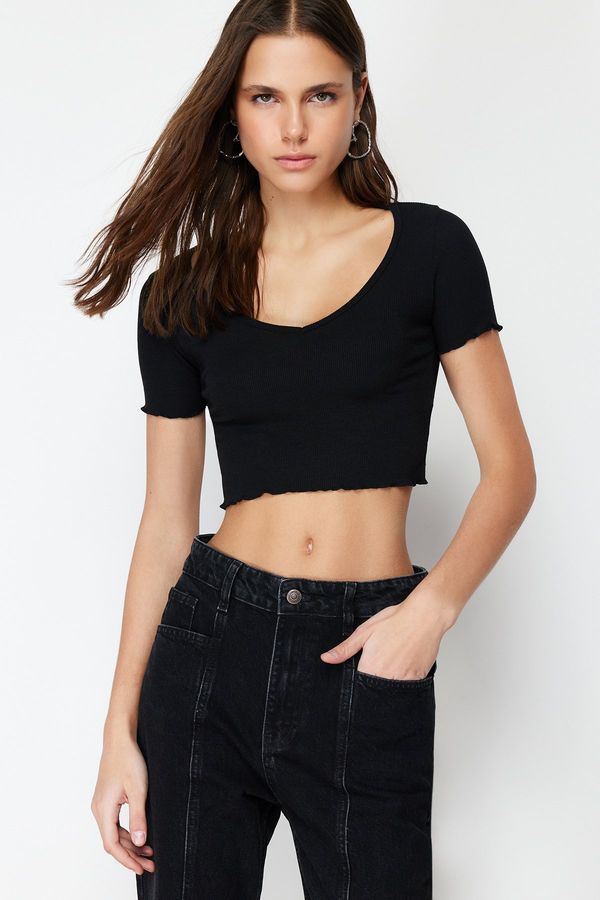 Trendyol Trendyol Black Pool Collar Baby Overlock Detailed Crop Ribbed Stretchy Knitted Blouse