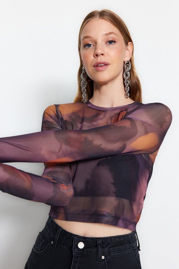 Trendyol Trendyol Black Printed Tulle Fitted Crop Stretchy Knitted Blouse