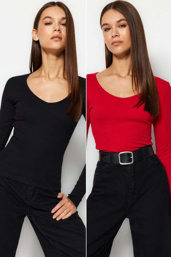 Trendyol Trendyol Black-Red 2-Pack V Neck Fitted/Situated Cotton Stretch Knit Blouse