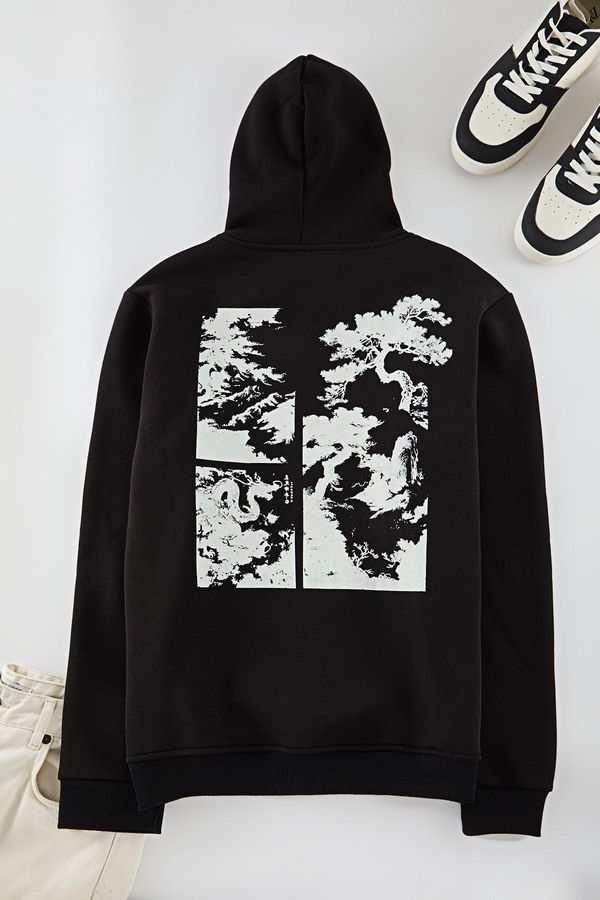 Trendyol Trendyol Black Regular Cut Hooded Polar Fleece Inside Front & Back Printed Sweatshirt