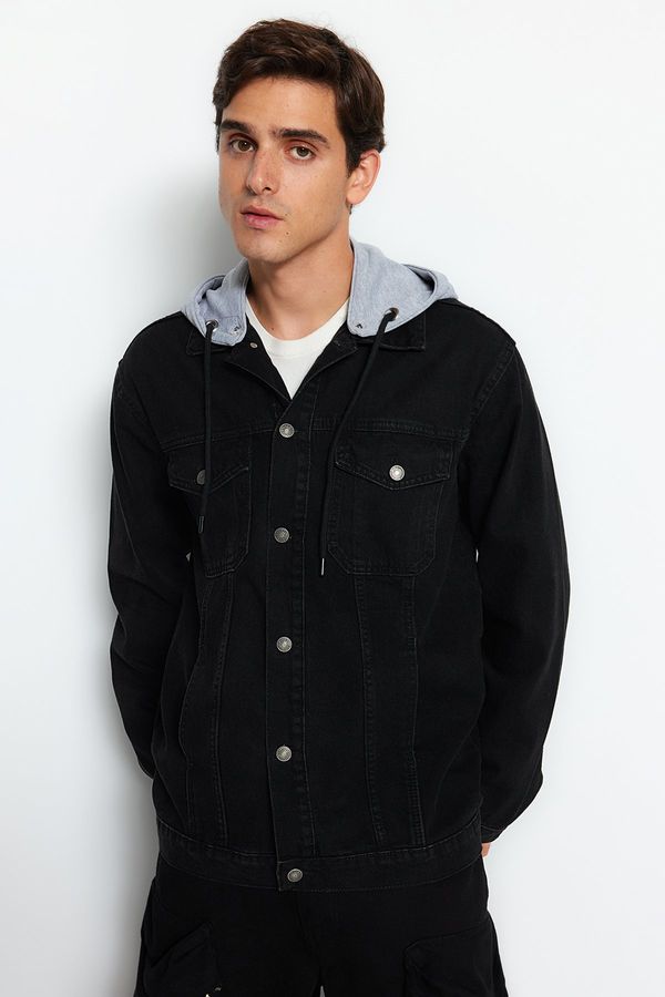 Trendyol Trendyol Black Regular Fit Knitted Hooded Denim Jacket