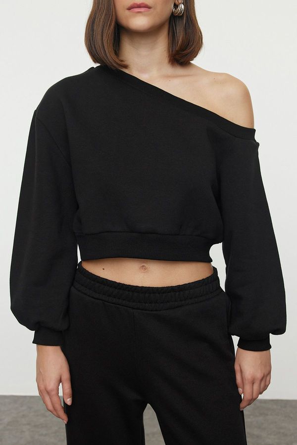 Trendyol Trendyol Black Regular Fit Thick Inside Fleece Crop Asymmetrical Collar Knitted Sweatshirt