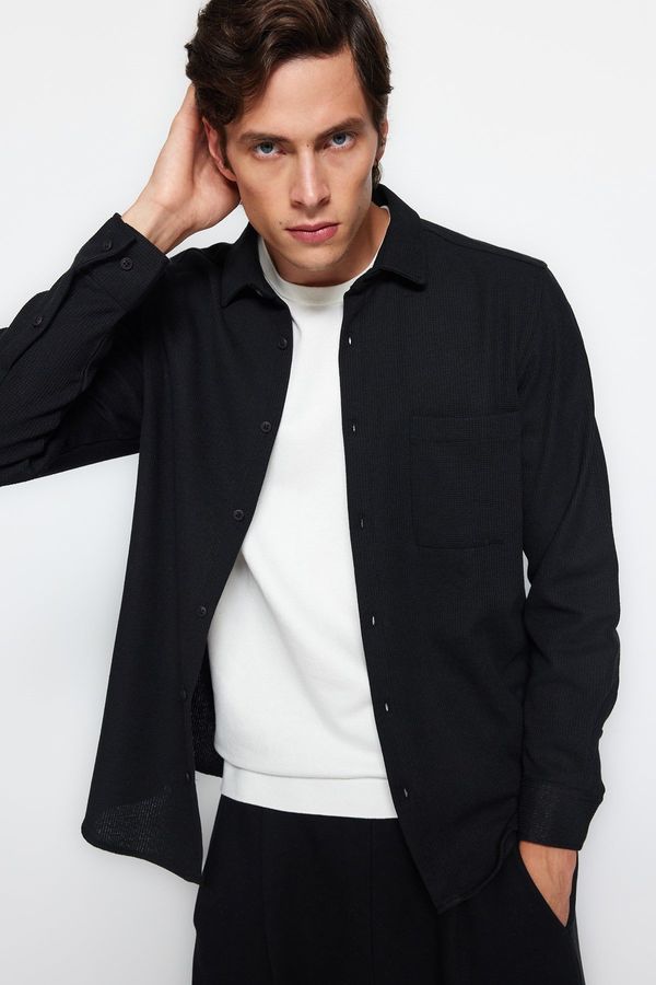 Trendyol Trendyol Black Regular Fit Waffle Textured Knitted Shirt