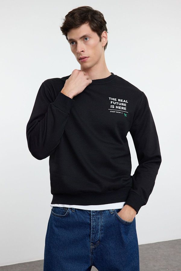 Trendyol Trendyol Black Regular/Normal Cut Crew Neck Text Printed Sweatshirt with Fleece Inside