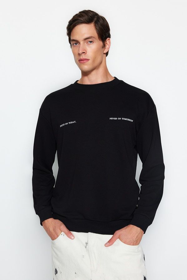 Trendyol Trendyol Black Regular/Real Fit Crew Neck Text Printed Cotton Sweatshirt