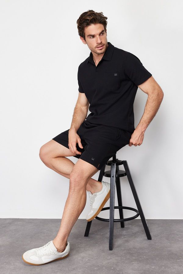 Trendyol Trendyol Black Regular/Regular Fit Polo Collar Labeled T-Shirt Shorts Tracksuit Set