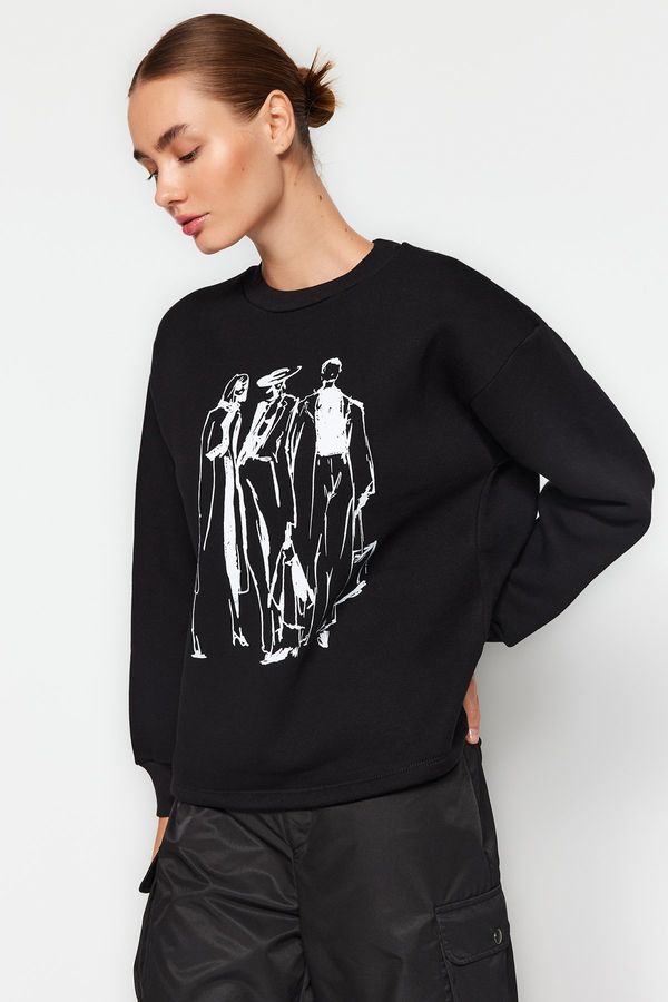 Trendyol Trendyol Black Regular/Regular Printed Crew Neck Thick/Fleece Knitted Sweatshirt