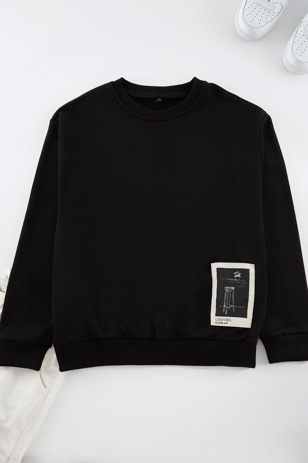 Trendyol Trendyol Black Relaxed/Relaxed Fit Art Theme Applique Cotton Sweatshirt