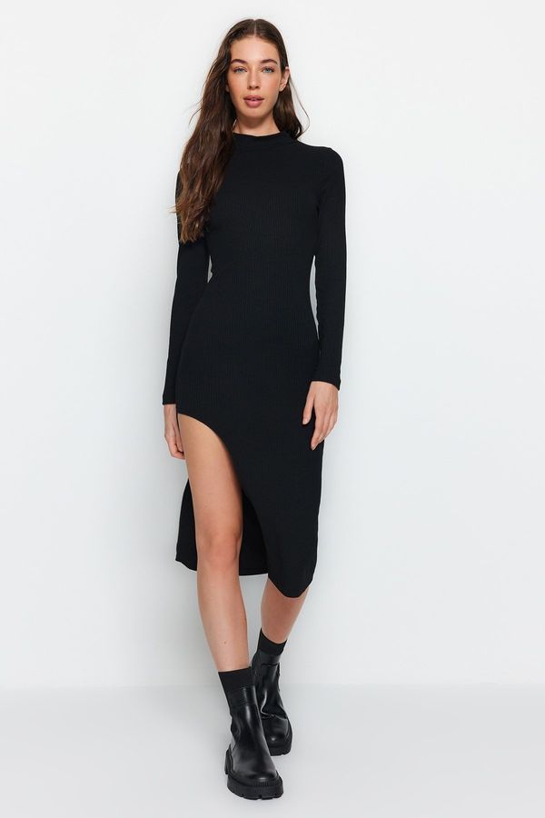 Trendyol Trendyol Black Ribbed Deep Slit Detailed Fitted Midi Stretch Knit Dress