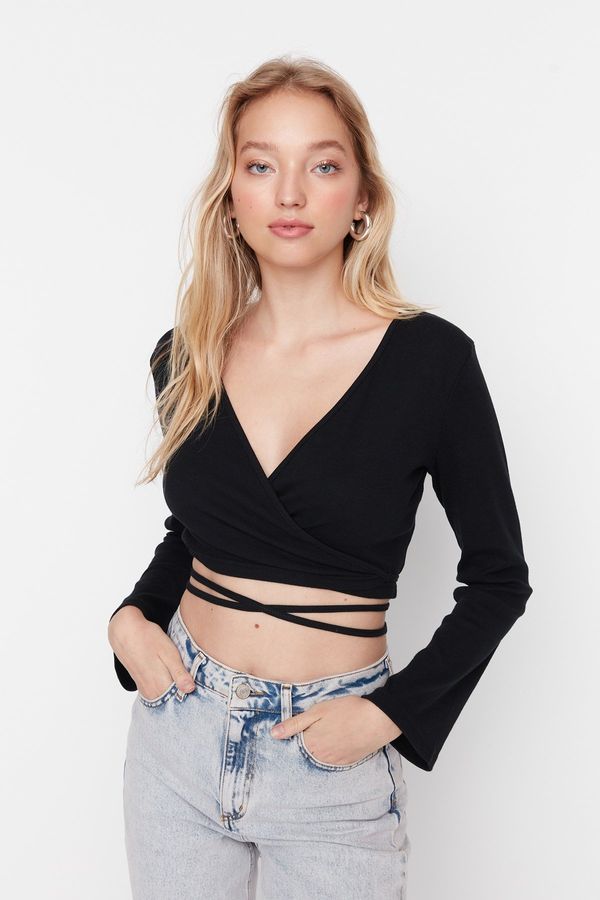 Trendyol Trendyol Black Ribbed Fitted Long Sleeve Double Breasted Crop Cotton Stretch Knitted Blouse