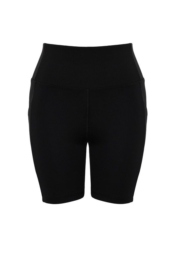 Trendyol Trendyol Black Ribbed Restorer Waist Tulle Detailed Knitted Sports Shorts/Short Leggings