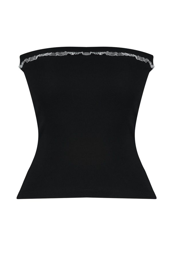Trendyol Trendyol Black Ribbed Strapless Collar Woven Garnished Fitted Cotton Flexible Crop Knitted Blouse