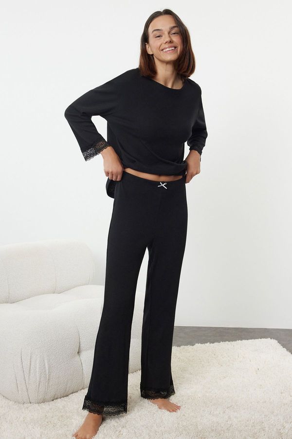 Trendyol Trendyol Black Ribbon/Bow and Lace Detailed Ribbed Knitted Pajama Set