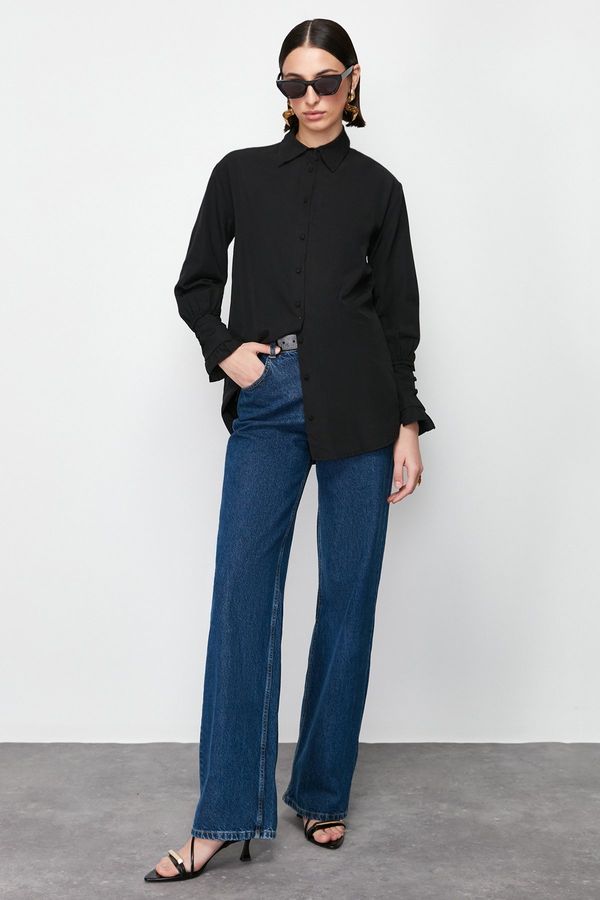 Trendyol Trendyol Black Ruffle Detail Cotton Woven Shirt