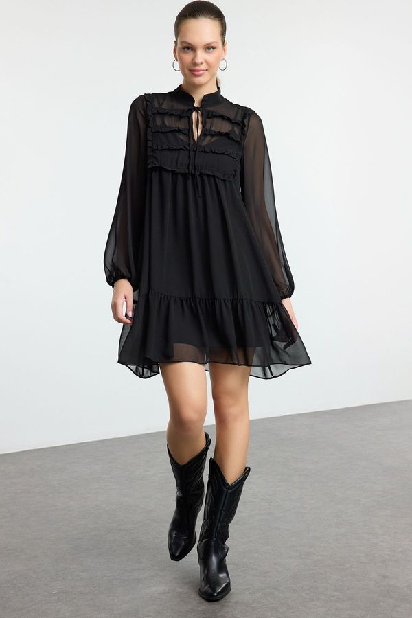 Trendyol Trendyol Black Ruffle Detailed Flounce Skirt Chiffon Mini Woven Winter Dress