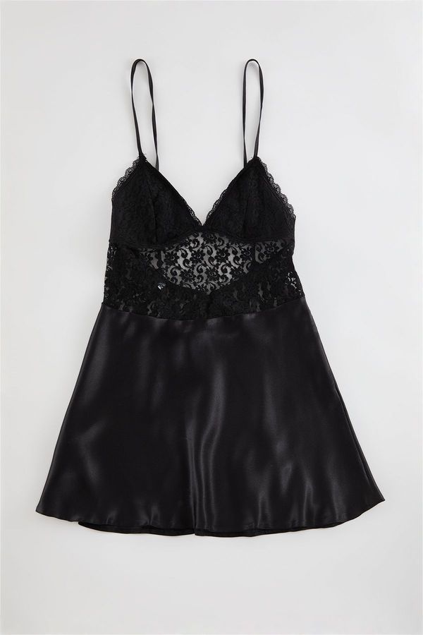 Trendyol Trendyol Black Satin Lace Detailed Rope Strap Coverless Knitted Fantasy Nightgown