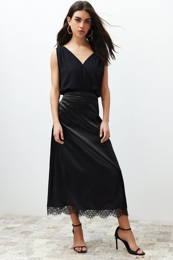 Trendyol Trendyol Black Satin Skirt with Lace Detail Midi Woven Skirt