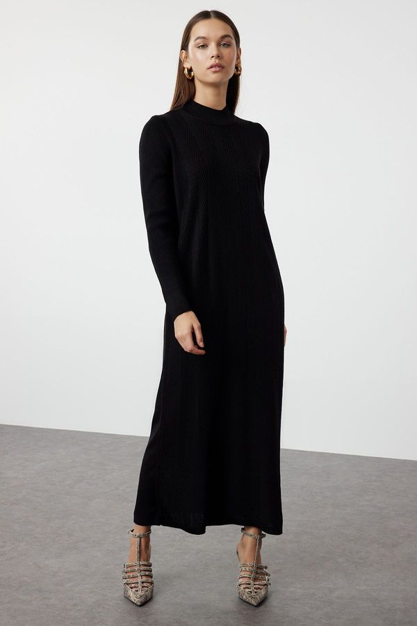 Trendyol Trendyol Black Self-Patterned Half Turtleneck Knitwear Zigzag Textured Dress