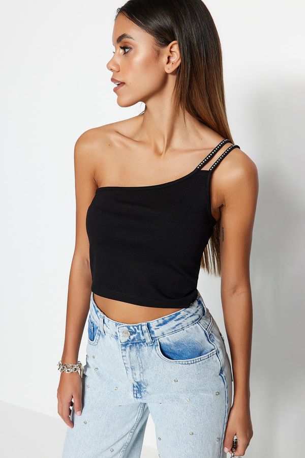 Trendyol Trendyol Black Shiny Stone Detailed One Shoulder Strap Fitted Crop Knitted Blouse