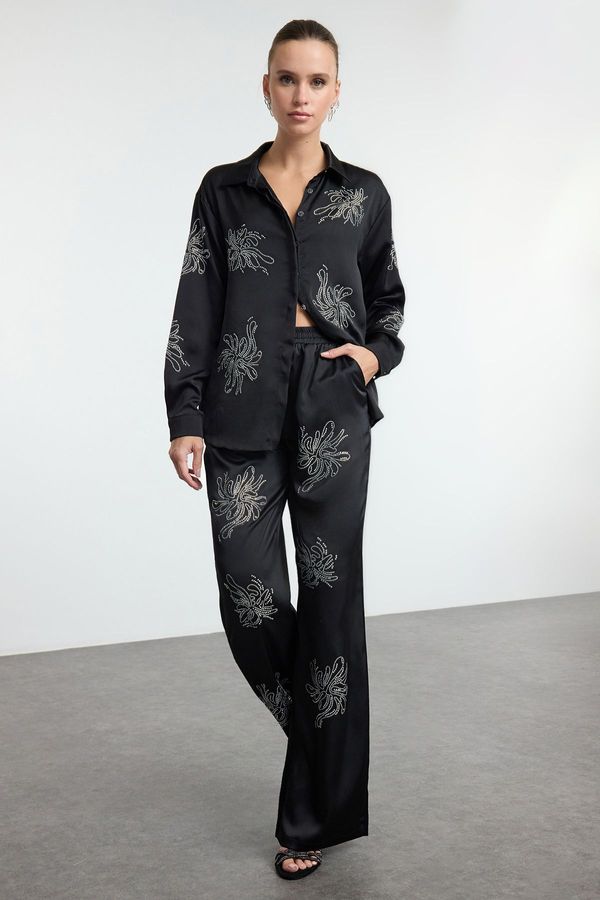 Trendyol Trendyol Black Shiny Stone Printed Satin Woven Trousers