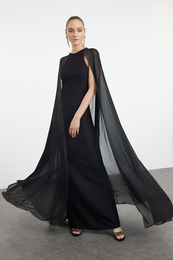 Trendyol Trendyol Black Shiny Stoned Cape Detailed Woven Long Evening Dress