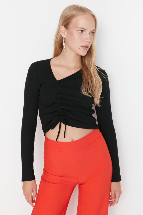Trendyol Trendyol Black Shirred Detail Fitted/Sleeping Crop Asymmetrical Collar Ribbed Stretch Knit Blouse