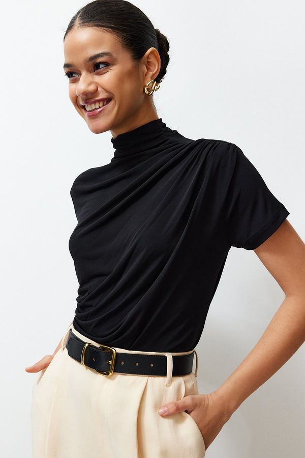 Trendyol Trendyol Black Shirring/Drape Detailed Fitted/Fitted Short Sleeve Stand Collar Stretch Knitted Blouse