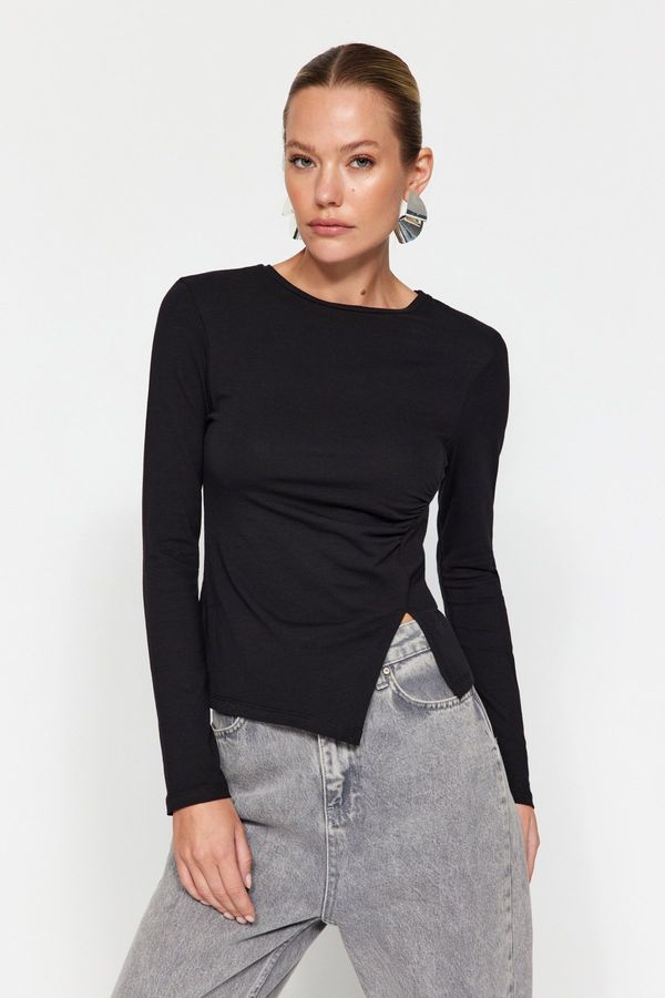 Trendyol Trendyol Black Single Slit Detail Cotton Gathered Crew Neck Knitted Blouse