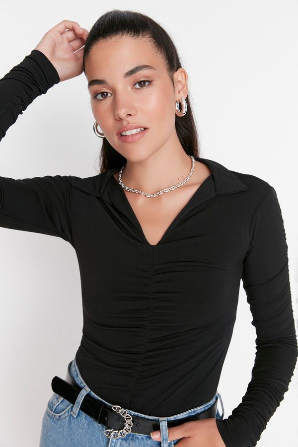 Trendyol Trendyol Black Slim Gathered Polo Neck Flexible Knitted Blouse