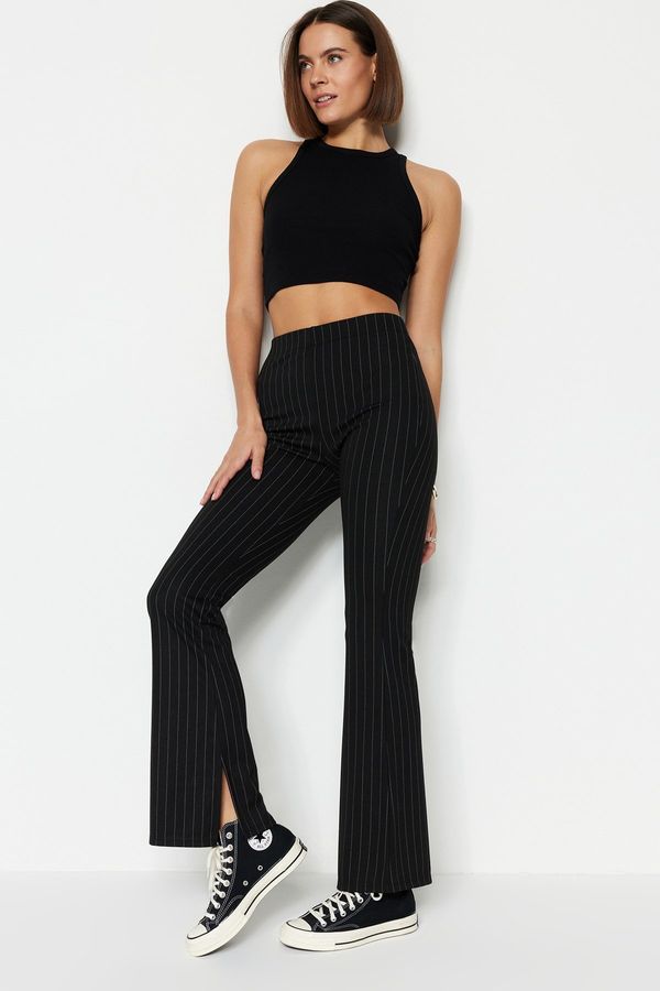 Trendyol Trendyol Black Smart Slit Flare/Spanish Leg High Waist Striped Knitted Leggings Trousers