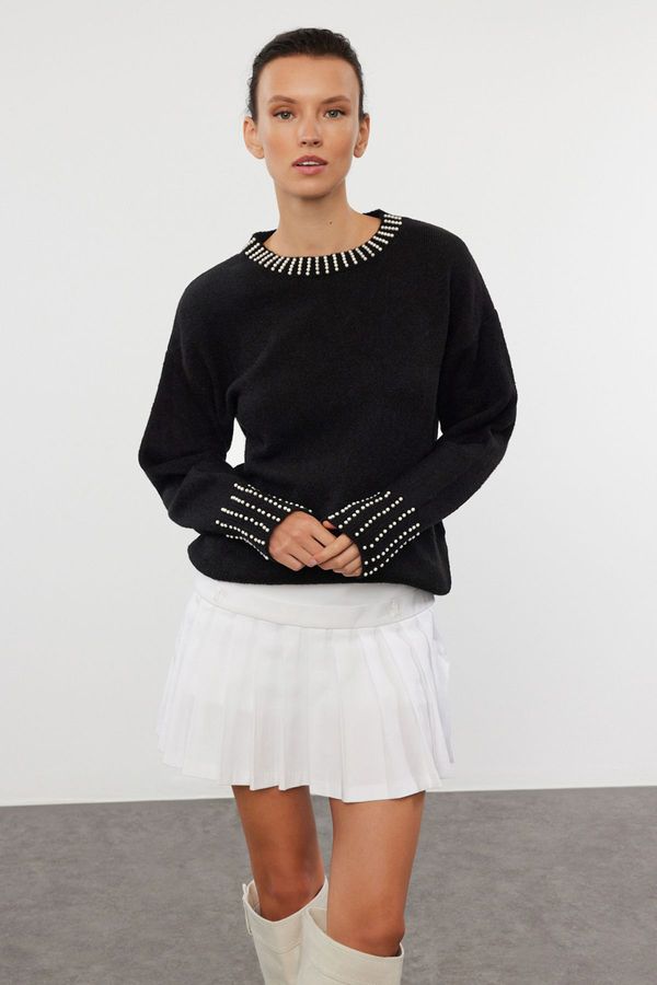 Trendyol Trendyol Black Soft Textured Stone Embroidered Knitwear Sweater