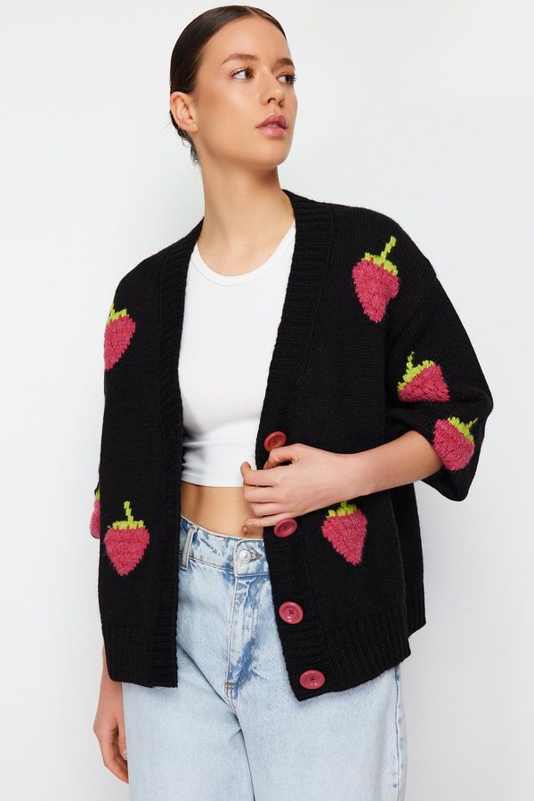 Trendyol Trendyol Black Soft Textured Strawberry Embroidered Knitwear Cardigan
