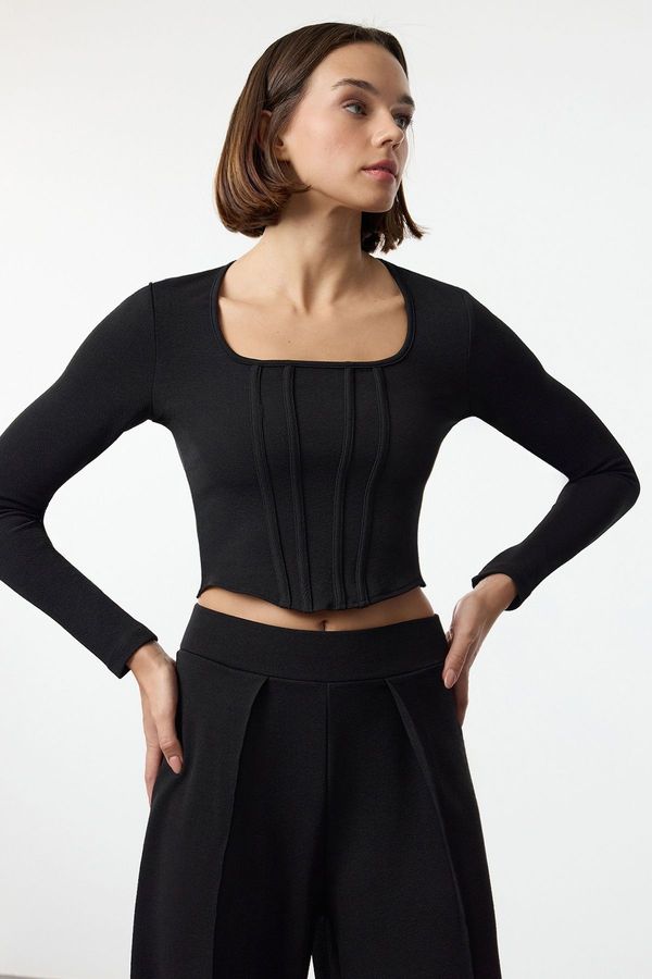 Trendyol Trendyol Black Square Collar Fitted/Body-Sit Cardigan Stitched Knitted Blouse