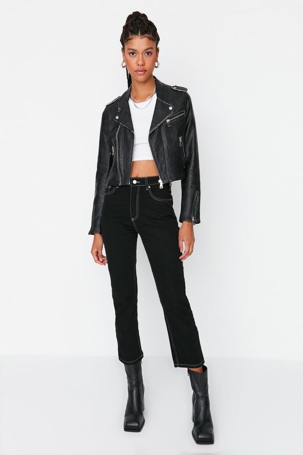 Trendyol Trendyol Black Stitching Detail High Waist Mom Jeans