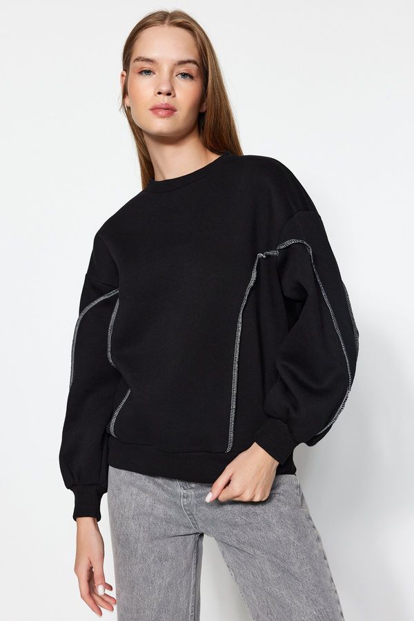 Trendyol Trendyol Black Stitching Detailed Crew Neck Regular Fit Fleece Inside Knitted Sweatshirt